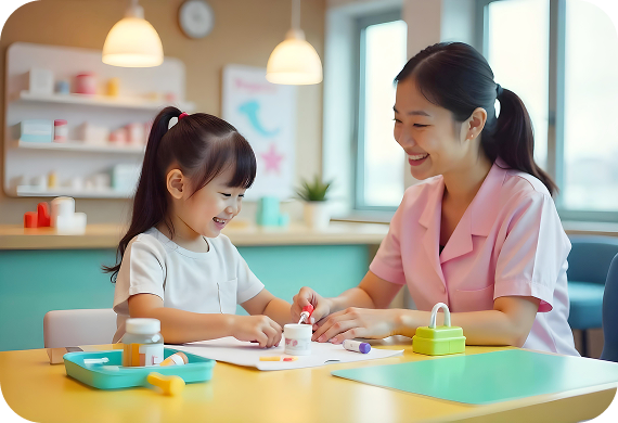 子供と看護師が遊んでいる写真