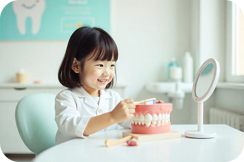 歯の模型で歯医者さんのまねごとをしている子供の写真